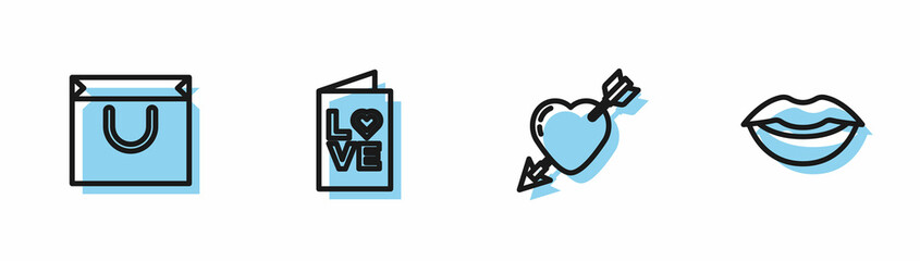 Set line Amour with heart and arrow, Shopping bag, Valentines day party flyer and Smiling lips icon. Vector