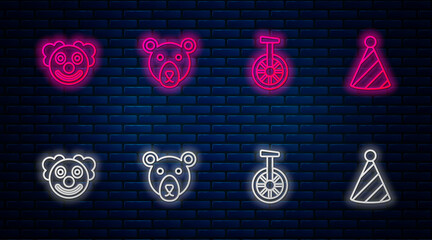 Set line Bear head, Unicycle or one wheel bicycle, Clown and Party hat. Glowing neon icon on brick wall. Vector © Oksana
