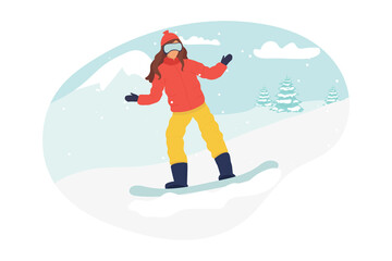 Fototapeta na wymiar Vector cartoon snowboarder jumping. Young woman or girl on snowboard. flat winter. Flat vector illustration in cartoon style. sport.