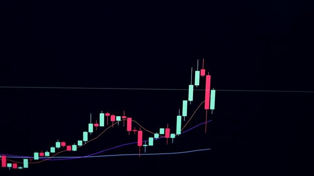 Stock market chart, beautiful Japanese candlestick animation. Eth and btc quotes on the exchange. View the graph in the application on a laptop or PC screen. trader