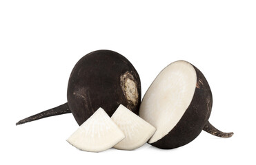 Black radish and slices isolated on a white background