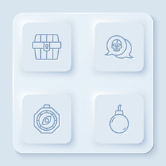 Set line Antique treasure chest, Skull, Compass and Bomb ready to explode. White square button. Vector