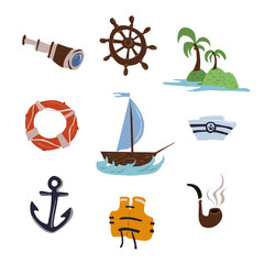nautical hand drawn flat vector illustration set. Seaside life marine theme objects