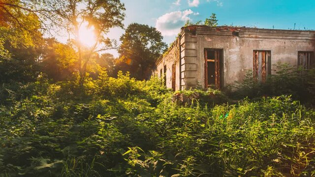 Remains Of Yastrzhembsky Estate And Park Complex. Old Abandoned Ruined House. Borisovshchyna, Khoiniki District, Belarus