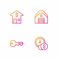 Set line Time is money, House key, with dollar and Garage. Gradient color icons. Vector