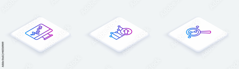 Poster set isometric line monitor with graph chart, financial growth and search data analysis. white square