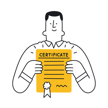 Happy man holding certificate. Outline, linear, thin line, doodle art. Simple style with editable stroke.