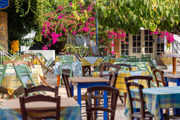 Taverna on the meeting place, the Platia in the village Pitsidia in the south of Crete. Gastronomy...