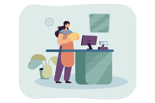 Young female cashier with watermelon at checkout in supermarket. Shop worker in apron standing at the cash register flat vector illustration. Market business services, shopping concept