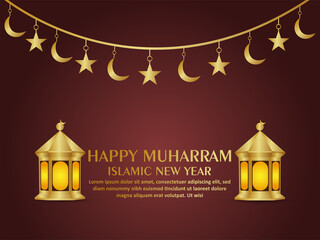 Happy muharram islamic golden lantern and moon on pattern moon