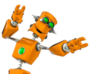 funny robot cartoon happy dance in a white background