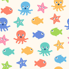 Cute cartoon marine life seamless vector pattern.