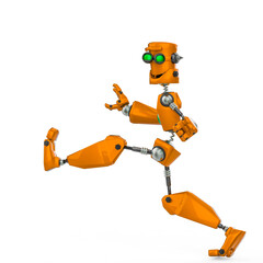 funny robot cartoon crazy walk along in a white background