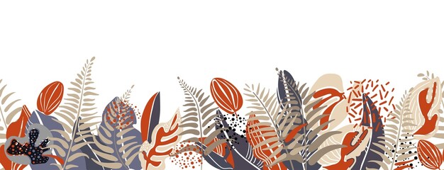 Abstract Horizontal Pattern with Leaves and differrent shapes. Vector Background.