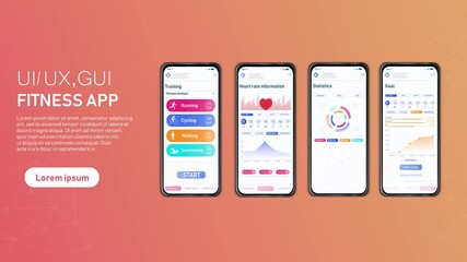 UI,UX,GUI screens fitness app. Popup smartphones with interface and application functions for users. Moving landing page layout for websites. Video template with buttons. Graphic animated cartoon