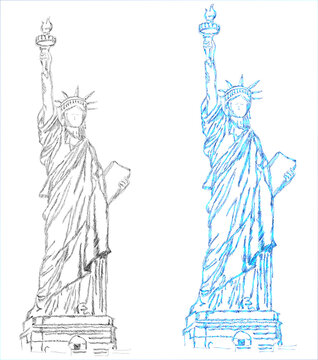 Statue of Liberty in New York sketch engraving raster illustration. T-shirt apparel print design. Scratch board imitation. Black and white hand drawn image.
