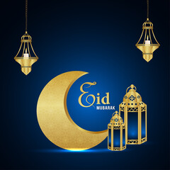 Realistic eid mubarak celebration background with gold pattern moon and lantern