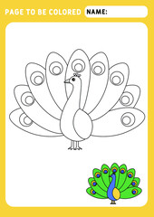 Page to be colored. Look and color. Coloring Book Animal.  little cute Peacock. Funny Coloring Book . Illustration and vector outline - A4 paper ready to print.