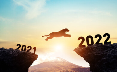  2022年イメージ　ビジネス向け年賀状素材　崖を飛び越えるトラ