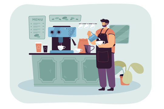 Barista wearing apron pouring whipped milk into espresso. Male character making good quality coffee flat vector illustration. Small business, coffee shop station or place concept