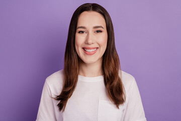 Portrait of lovely girl toothy smile cavity protection stomatology isolated over violet color background