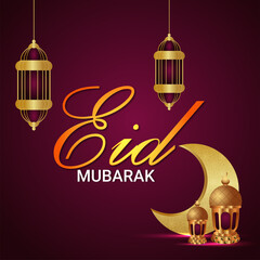 Realistic golden moon and islamic lantern of eid mubarak background