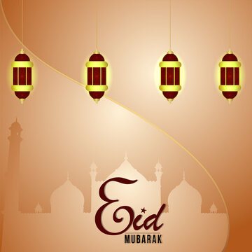 Eid mubarak islamic festival greeting card with islamic lantern