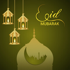 Eid mubarak islamic festival celebration greeting card with golden lantern