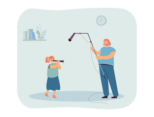 Mother using microphone to record her daughter blowing trumpet. Preparation for concert flat vector illustration. Music, sound record, home studio concept for banner, website design, landing web page