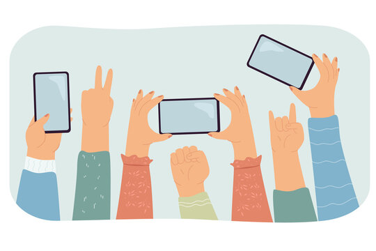 Peoples hands up with phones on concert show or party. Group of people holding smartphones to take picture or record video flat vector illustration. Modern society, event concept