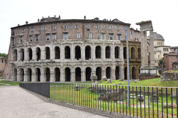 Fototapeta na wymiar ROME, ITALY, MAY 9, 2020: View of Marcello Theater and archaeological site near Portico of Octavia in a sunny bright day - Ancient Rome