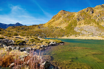 Panoramic view of the middle lake of Tristaina, Arcalis, Andorra - - obrazy, fototapety, plakaty