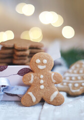  Selective focus of Christmas cookies decorated with icing frosted in a bowl with holidays decoration atmosphere with light bokeh in the background 