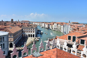 Fototapeta na wymiar VENICE, AUGUST 24, 2020, View from a terrace of Grand Canal with gondolas, boats and canal boats for public transport