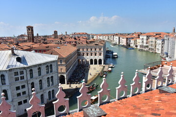 Fototapeta na wymiar VENICE, AUGUST 24, 2020, View from a terrace of Grand Canal with gondolas, boats and canal boats for public transport