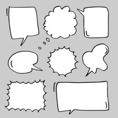 Hand drawn set of speech bubbles isolated on gray background.
