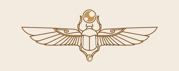 egyptian sacred Scarab wall art design. beetle with wings Vector illustration logo, personifying the god Khepri. Symbol of the ancient Egyptians