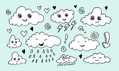 Hand drawn weather collection. Flat style vector illustration on blue  background.