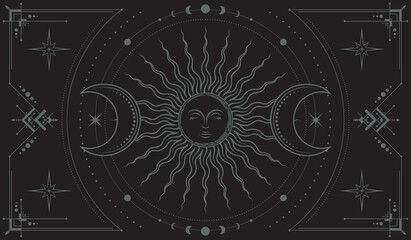 Vector mystical boho background with ornate outline geometric frame, magical sun with sleeping face, moon phases, stars, concentric circles and crescents. Occult linear banner stylized as engraving