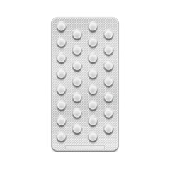 Round tablets in blister pack. 30 tablets per pack. Vector illustration. - obrazy, fototapety, plakaty