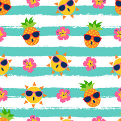 Fun summer cartoon seamless pattern with pineapple, sun and hibiscus on striped background.