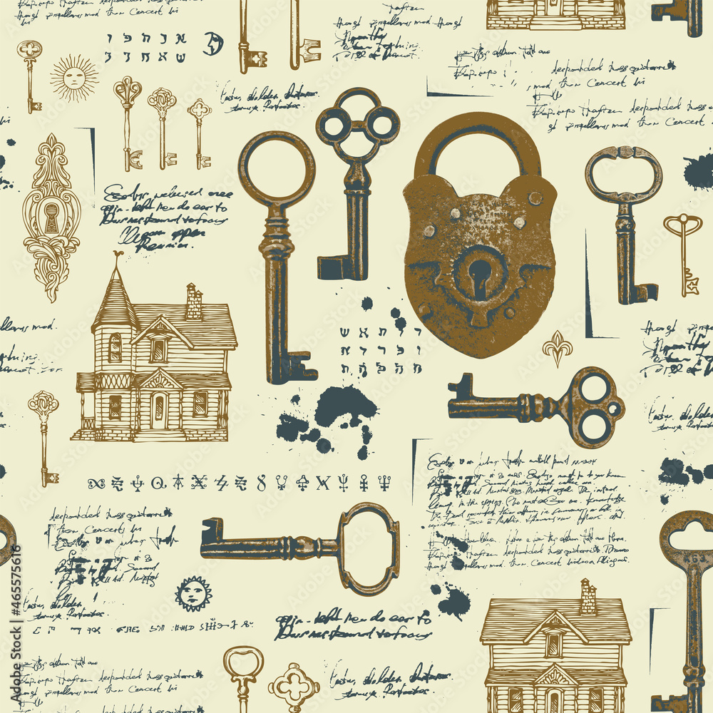 Poster vintage seamless pattern with rusty padlock, old keys, keyholes and hand-drawn log houses. vector ba