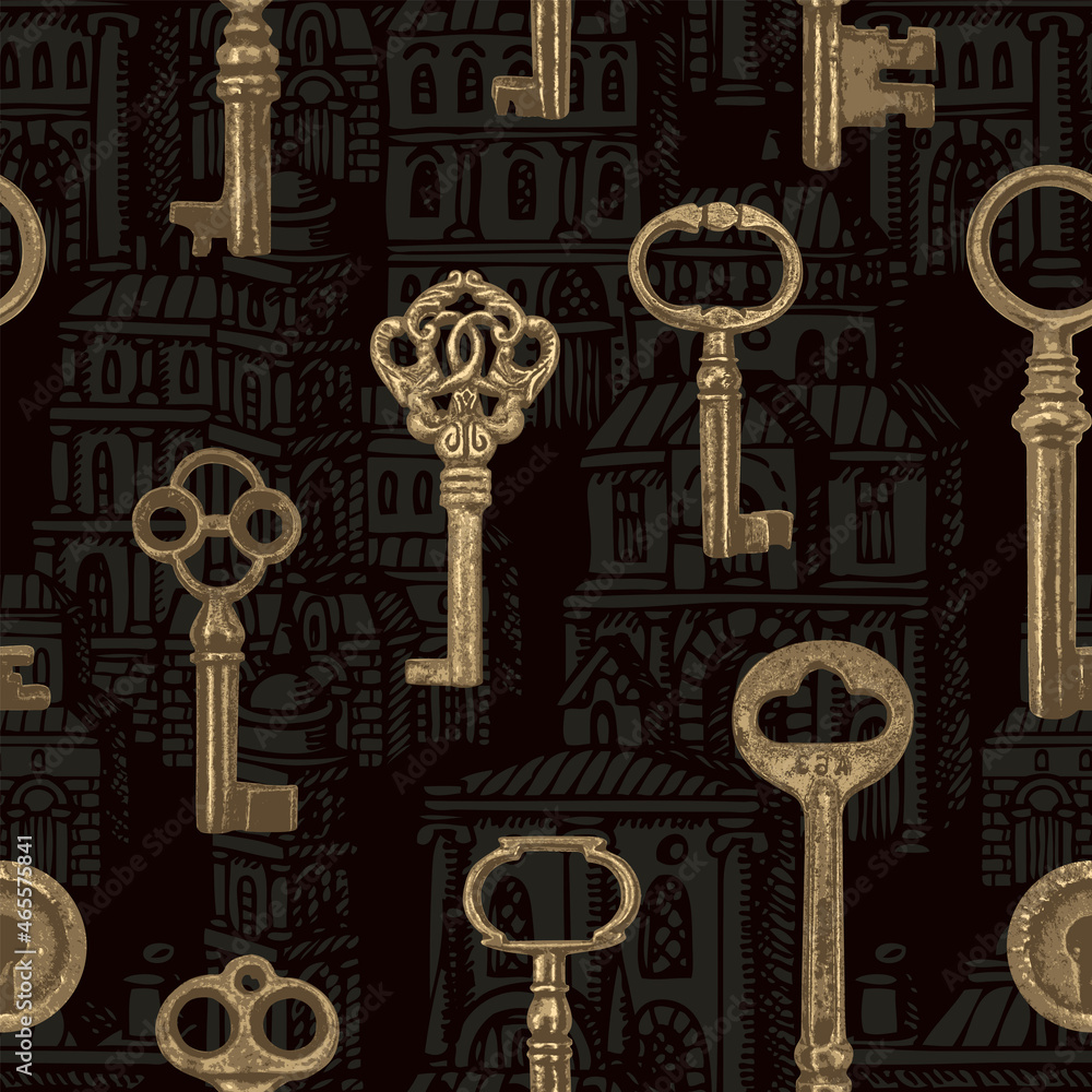 Poster vintage seamless pattern with old keys on a black backdrop with hand-drawn medieval buildings. vecto