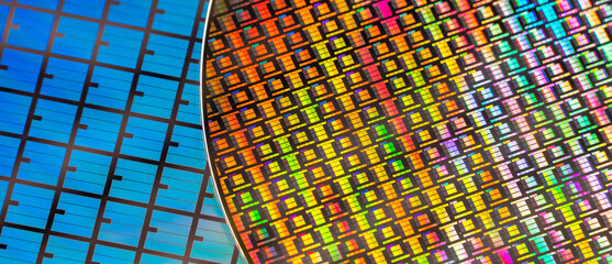 Silicon Wafer with microchips used in electronics for the fabrication of integrated circuits.