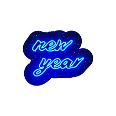 Neon LED blue hand drawn new year lettering. Midnight blue realistic neon icon. Neon new year sign icon night show. Isolated On White Background. Month emblem for the design of calendars post.
