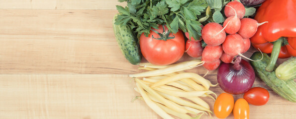 Heap of healthy vegetables. Source vitamins and minerals. Copy space for text on board