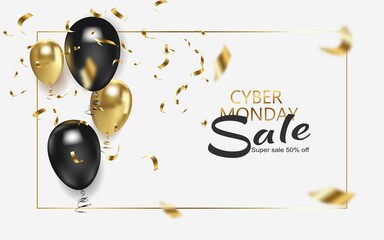 Cyber Monday Sale Background with balloons. Vector ad banner with editable.