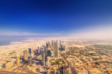 View of Sheikh Zayed Road skyscrapers and downtown from Burj Khalifa in Duba