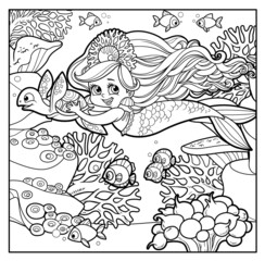 Cute little mermaid girl in coral tiara swims forward holding on to a sea turtle  outlined for coloring page on seabed with corals and algae background