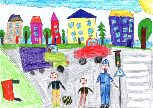 Child drawing buildings and cars. Happy family on a walk. Pencil art in childish style